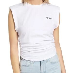 AFRM Billie Side Ruched Shoulder Pad Cropped Tank In White L/G NWT